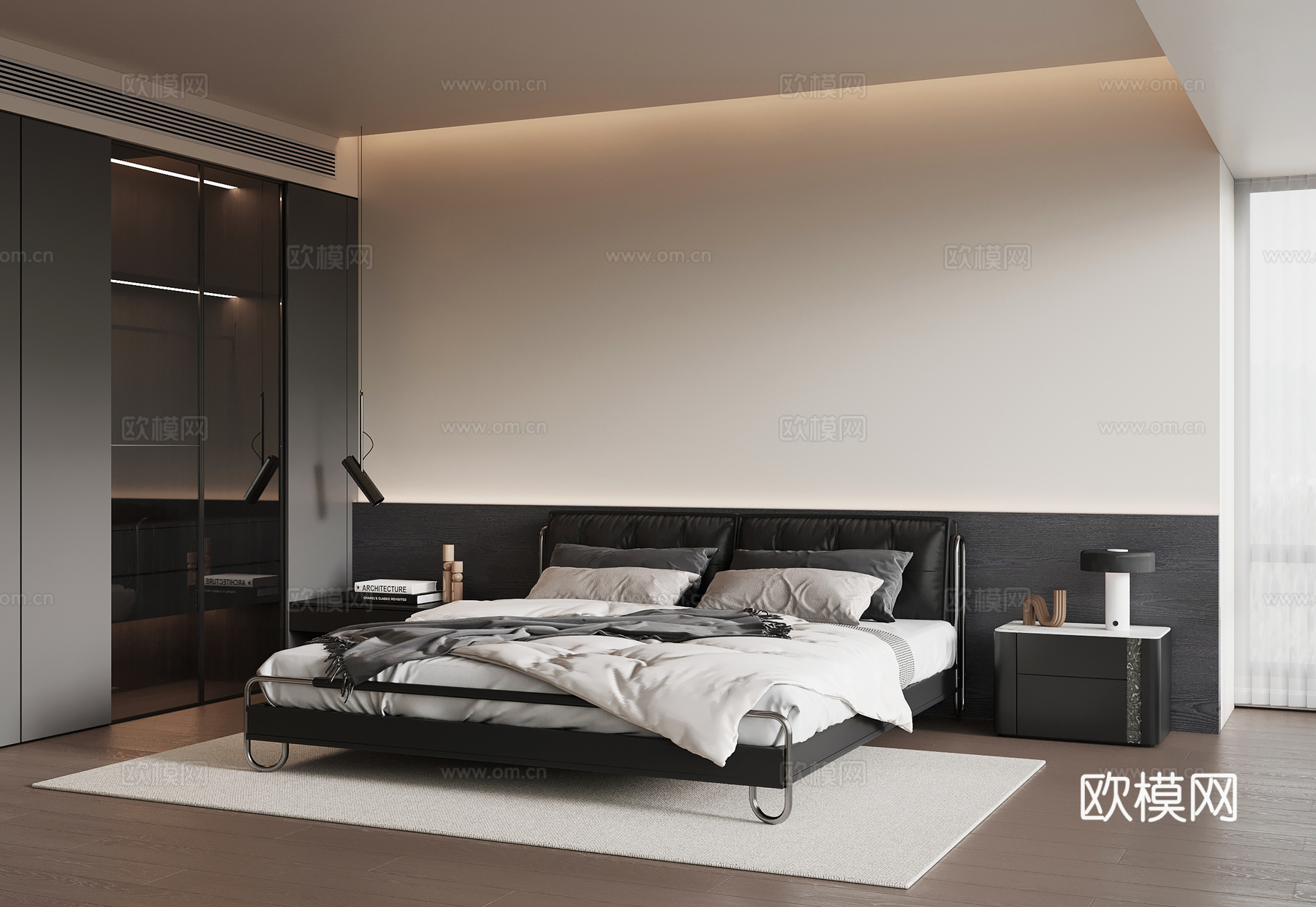 现代意式卧室 双人床su模型
