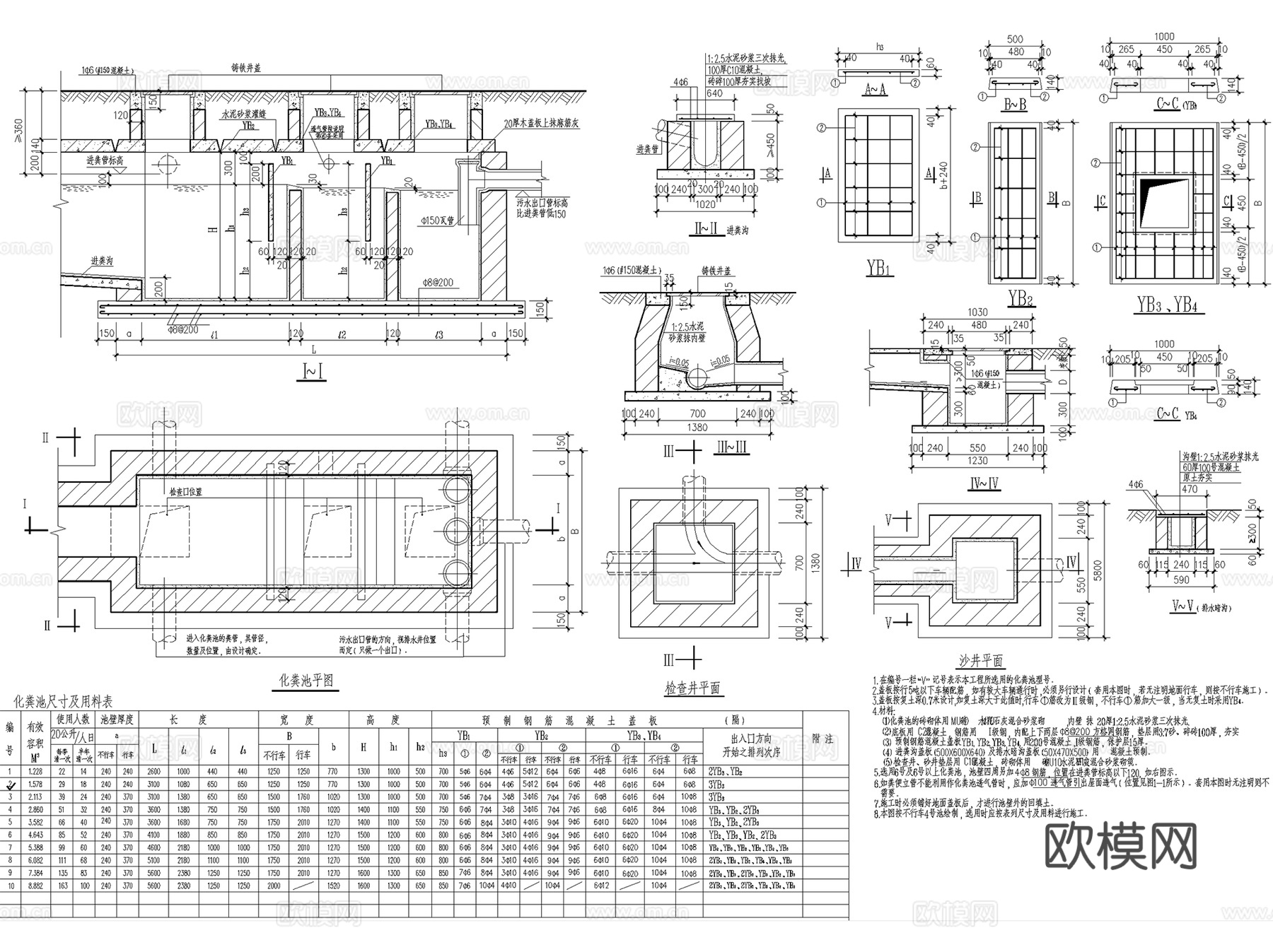 化粪池污水净化沉淀池隔油池一体式钢混砖砌结构CAD施工图集cad施工图