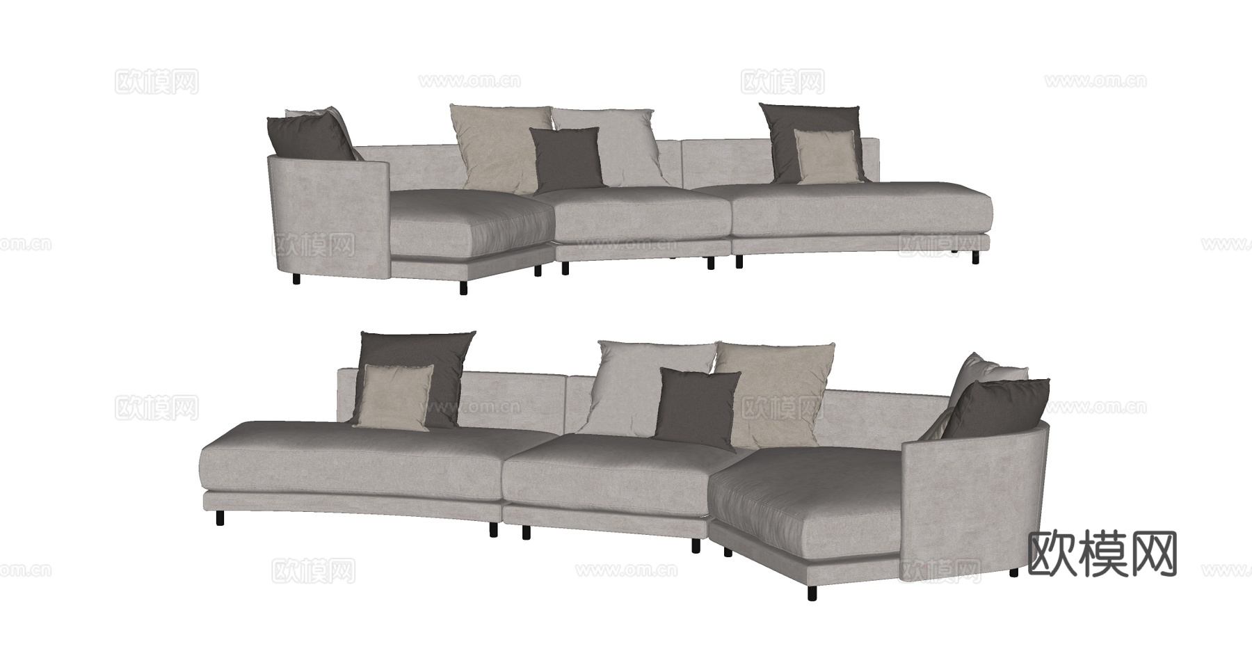 现代简约模块化弧形L型布艺沙发 带抱枕 客厅家具 弧形沙发su模型