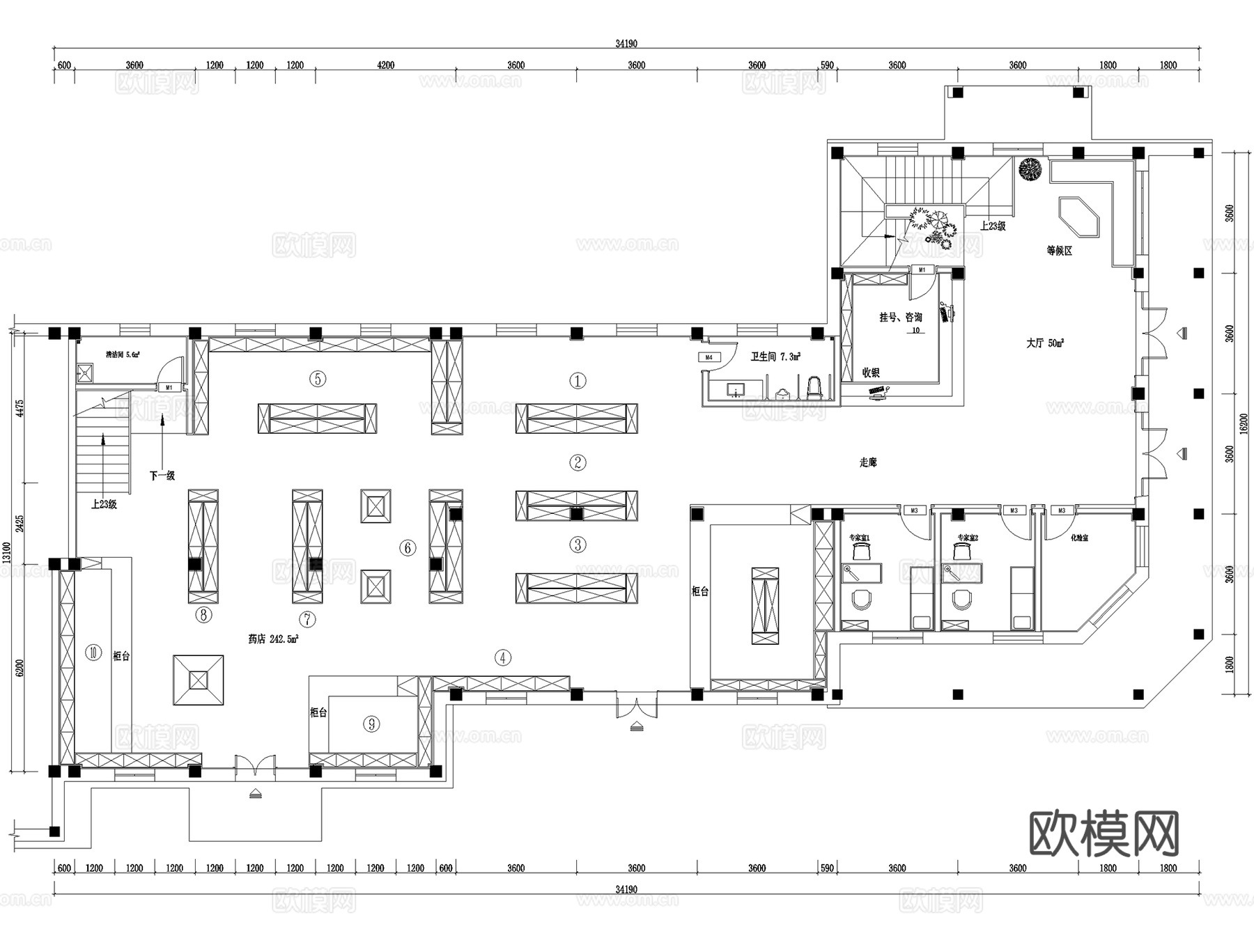 中医院诊所诊室理疗馆门诊体检养生中心药店平面图室内工装CADcad施工图