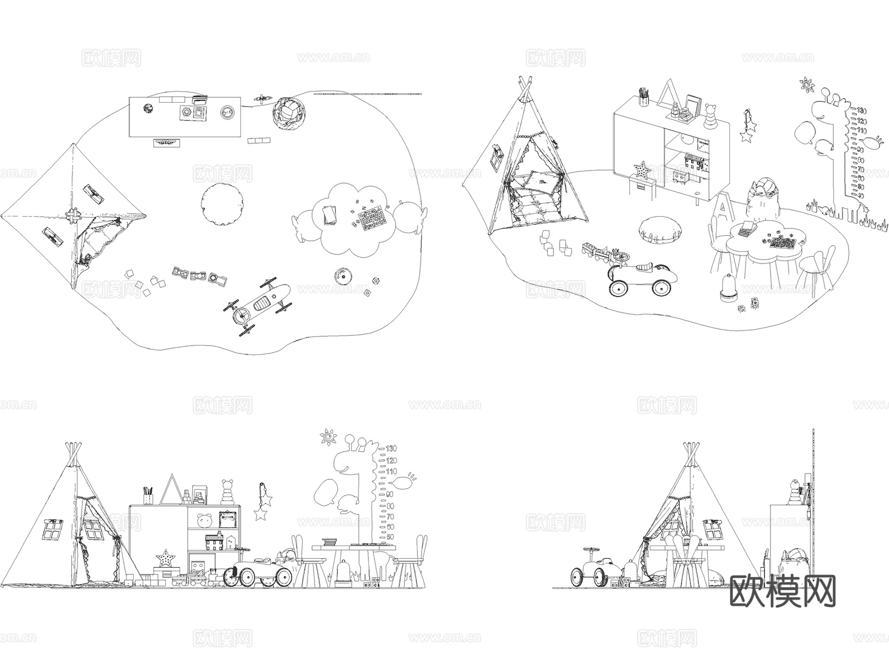 儿童玩具房布置娱乐活动区帐篷积木设施CAD图块图库 16套cad施工图