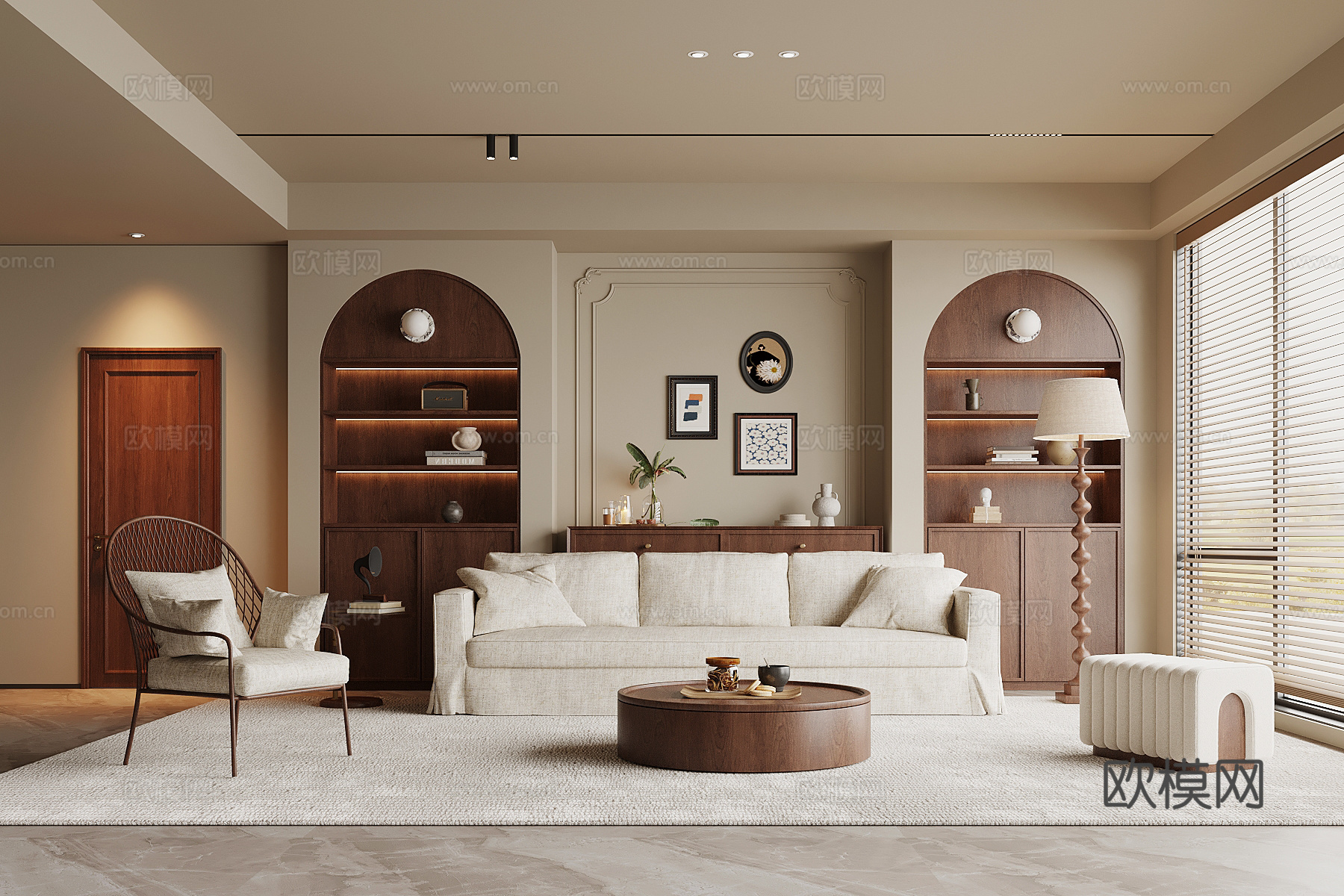 法式中古风客厅 家居客厅 沙发茶几组合 置物柜背景墙3d模型