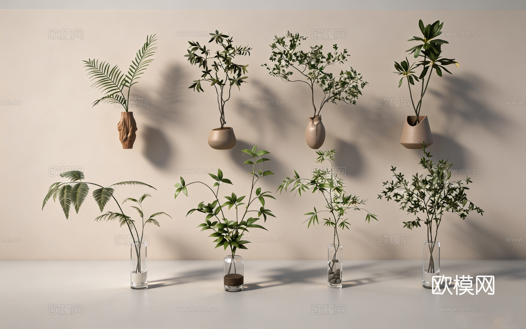 侘寂风水培墙挂植物 陶瓷盆玻璃瓶 网红绿植 茶室软装 盆栽组su模型