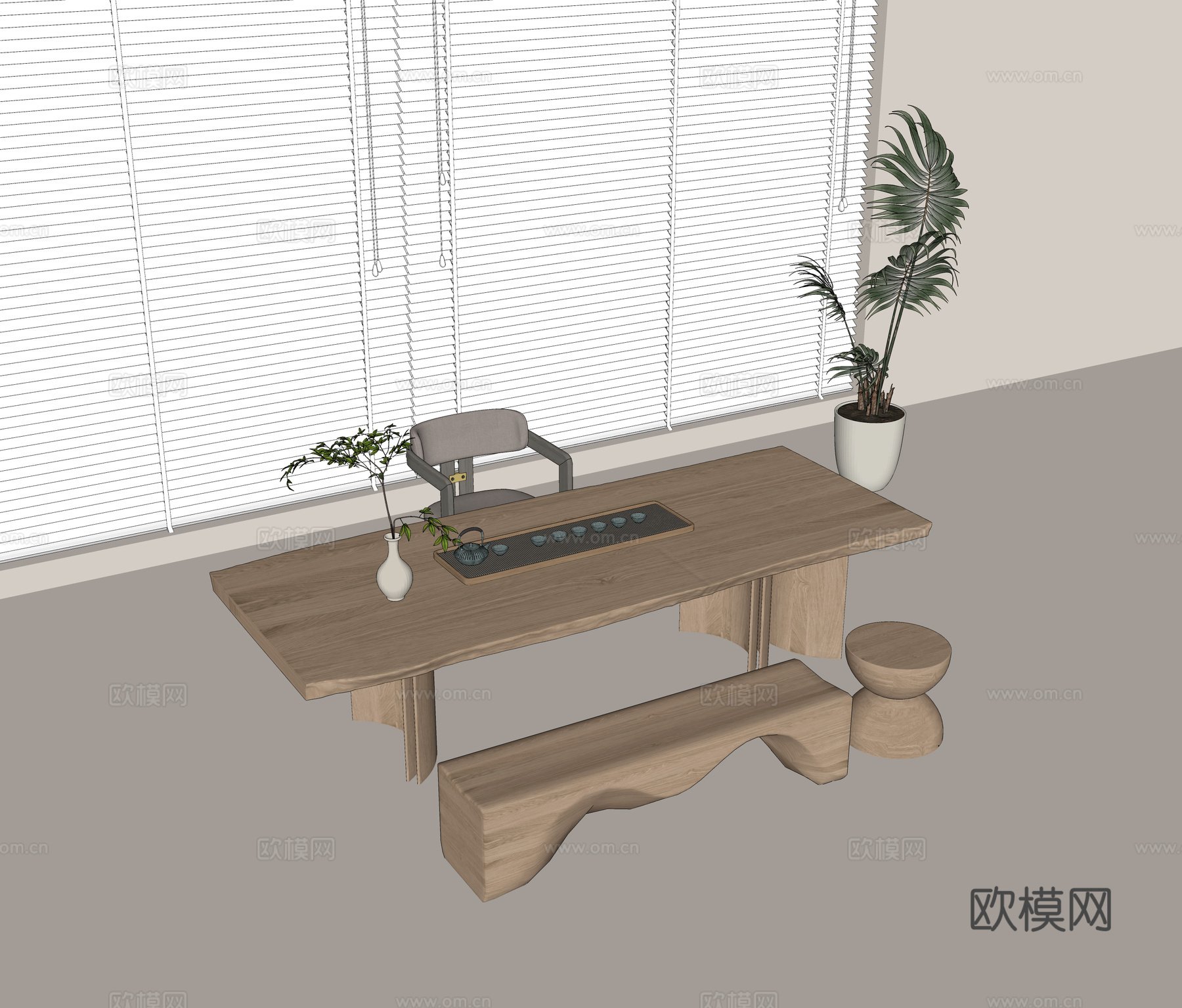 现代茶桌椅组合 实木茶桌 实木单椅 实木长椅 茶具组合su模型