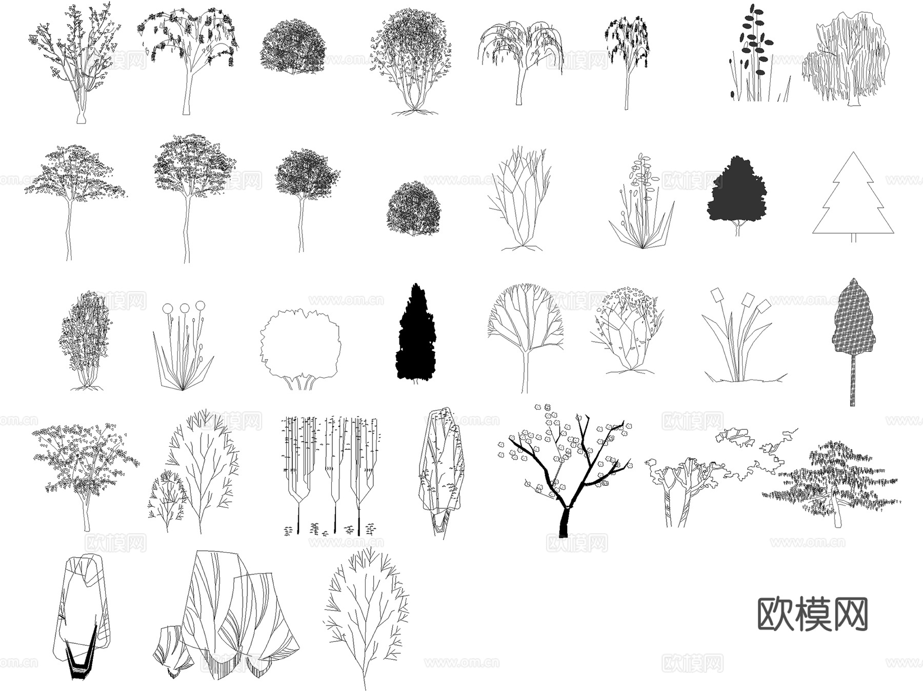 园林景观植物绿化立面组合配置树木苗木平面图例图块图库集 7套cad施工图cad施工图
