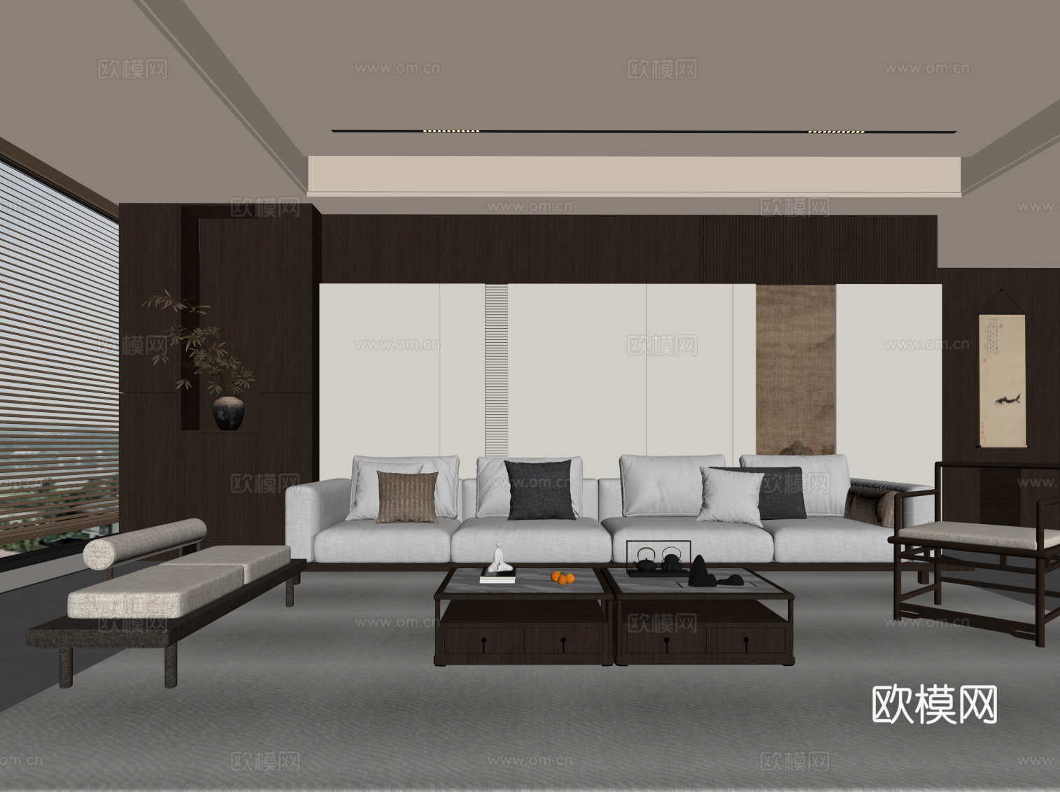 新中式客厅 沙发茶几组合su模型