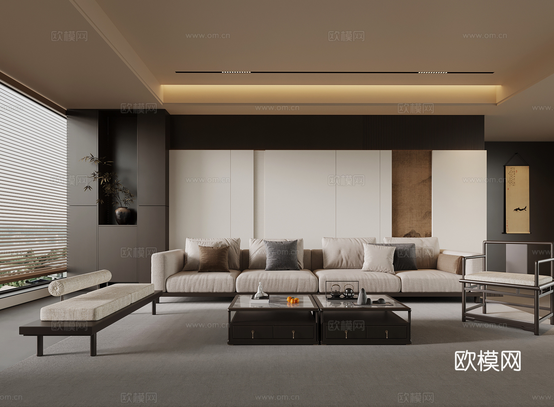 新中式客厅 沙发茶几组合su模型