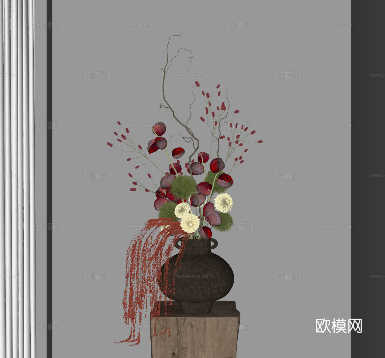 花瓶 中古花艺盆景 陶罐花瓶 干枝花艺 装饰摆件 侘寂花 现su模型