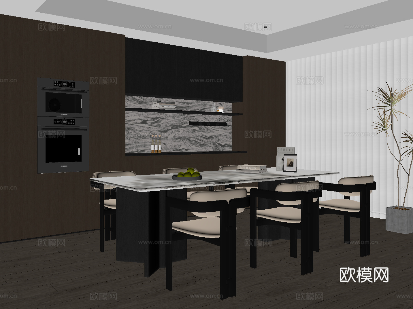 现代意式餐厅 餐桌椅 餐边柜su模型