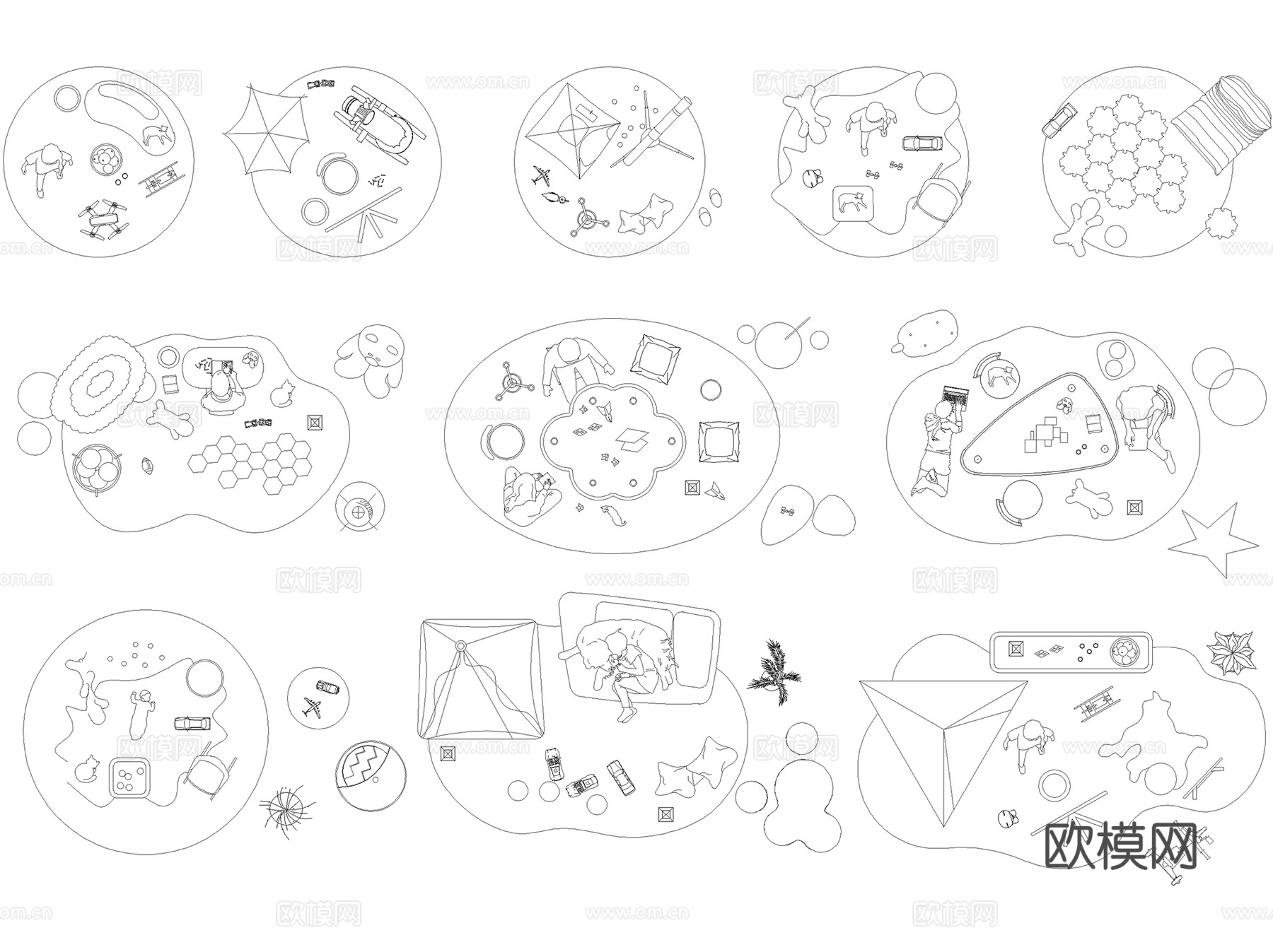 儿童玩具房布置娱乐活动区帐篷积木设施CAD图块图库 16套cad施工图