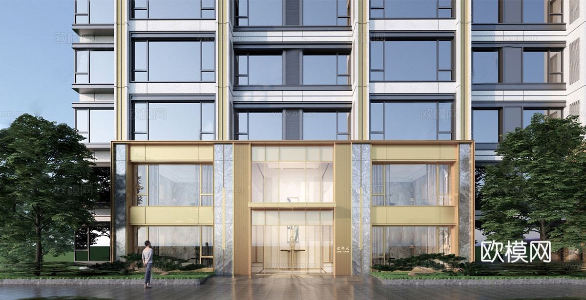 现代小区单元楼入户门 小区楼栋双开门 小区入户大门su模型