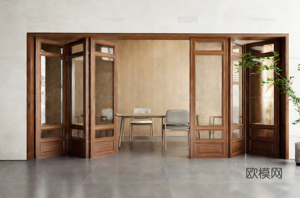 新中式折叠门 玻璃折叠门su模型
