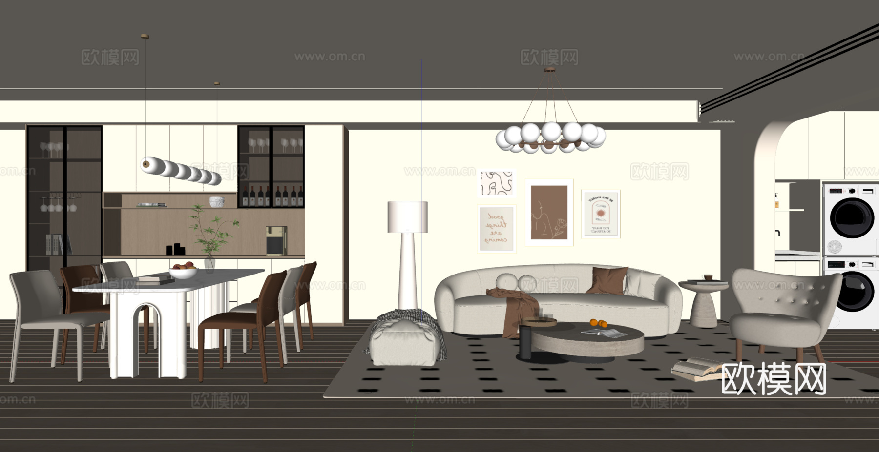 奶油风客餐厅 沙发茶几 茶桌椅 餐边柜 吊灯 挂画 地毯su模型