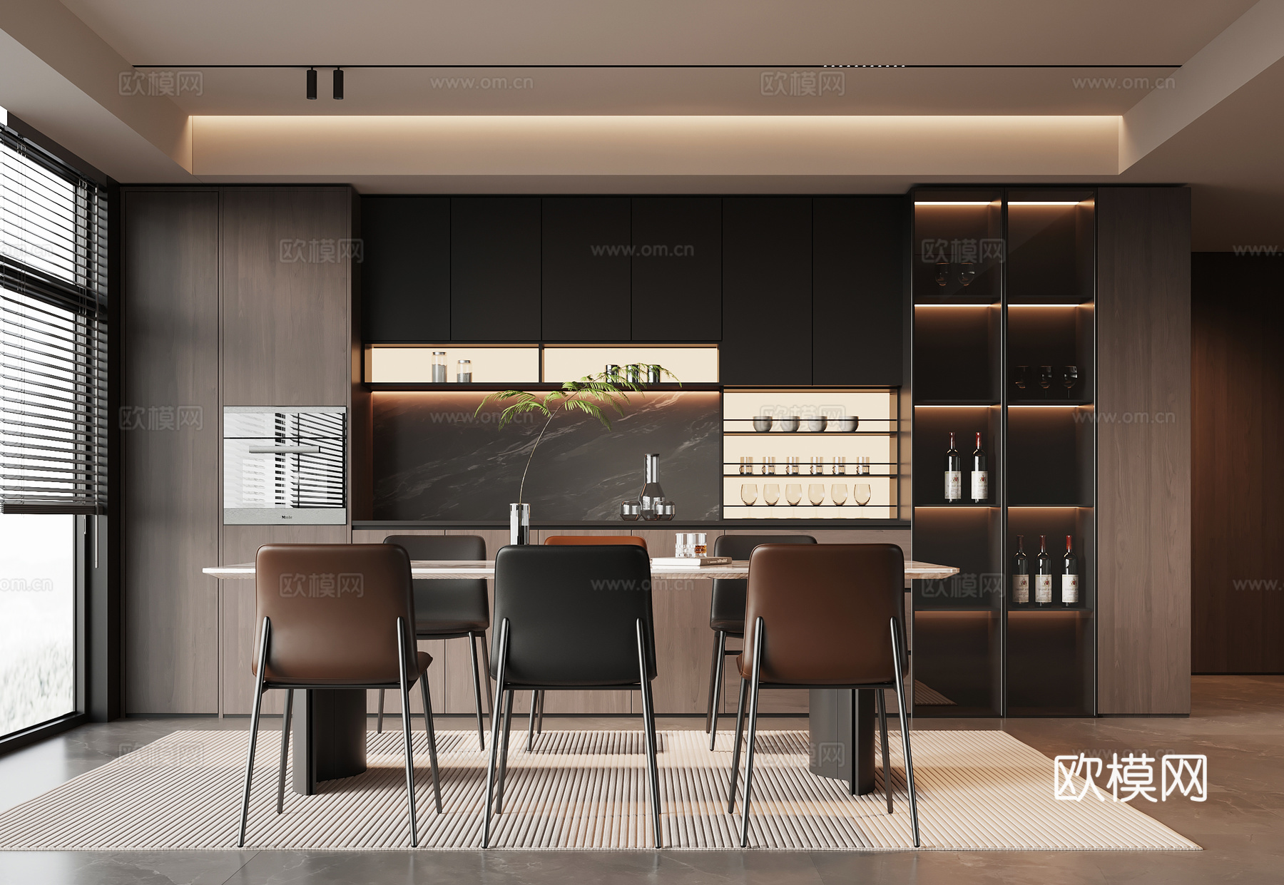 现代意式餐厅 餐桌椅 餐边柜su模型