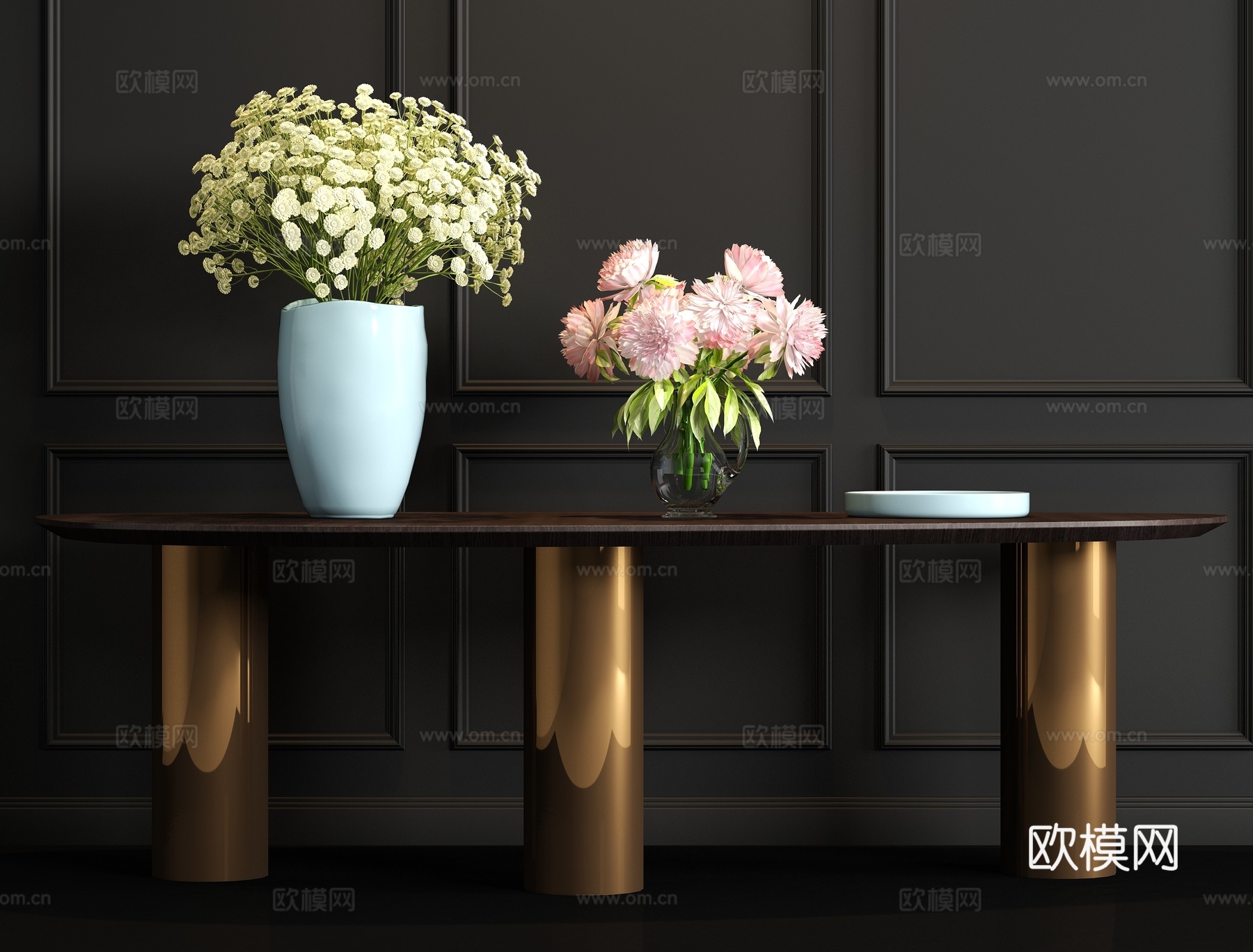 现代金属实木餐桌花艺组合3d模型