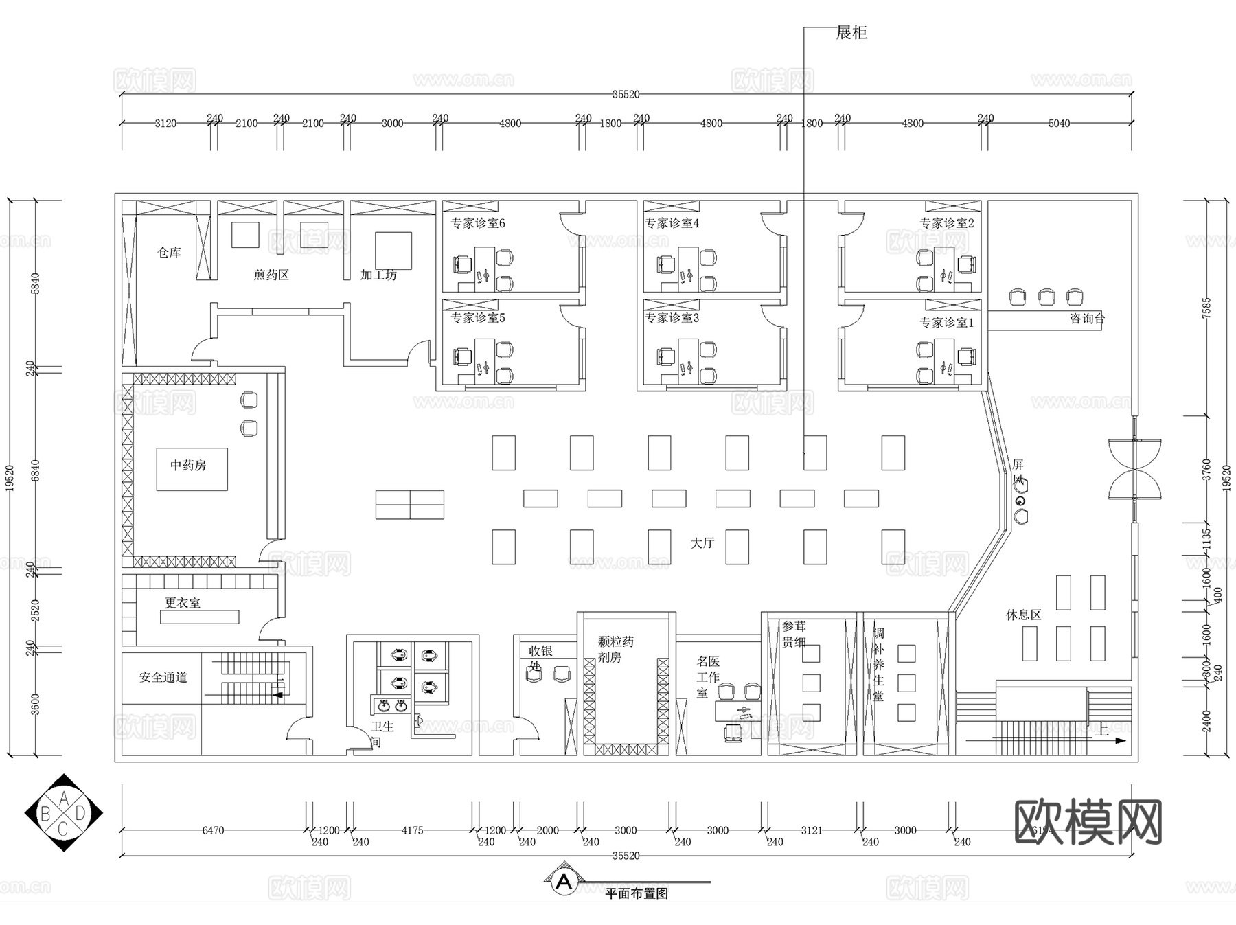 中医院诊所诊室理疗馆门诊体检养生中心药店平面图室内工装CADcad施工图
