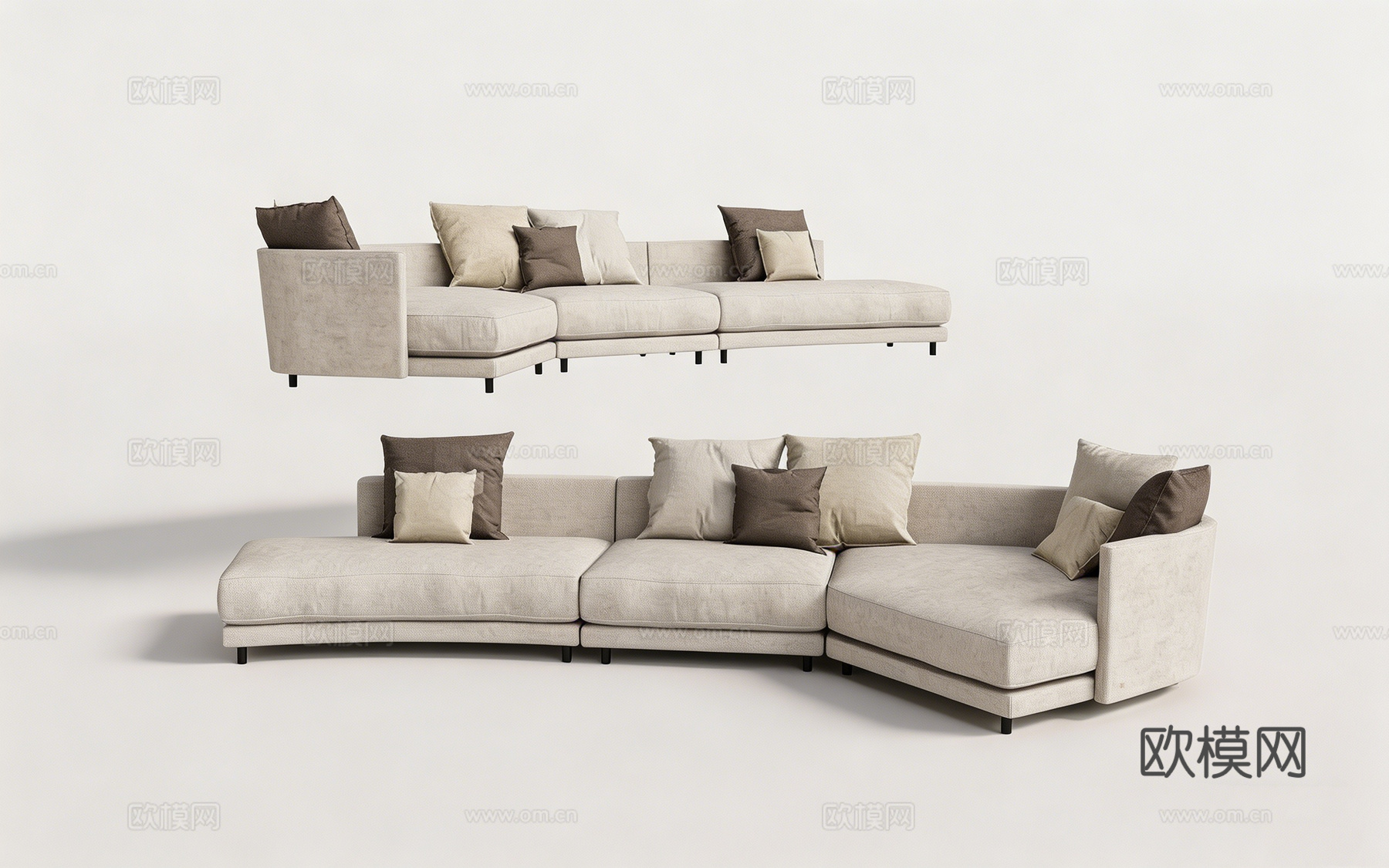 现代简约模块化弧形L型布艺沙发 带抱枕 客厅家具 弧形沙发su模型