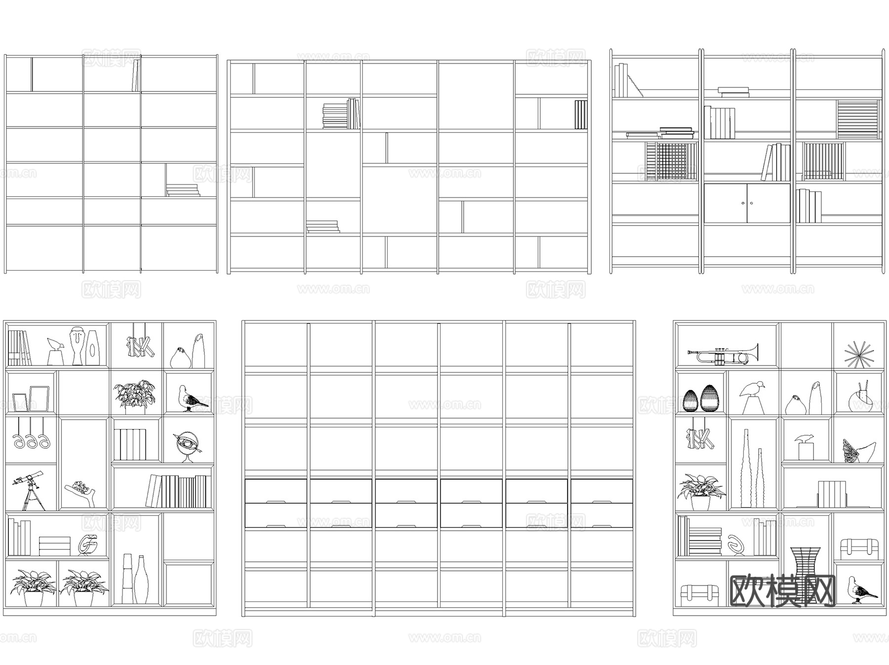 书柜书架置物架立面图库图块CAD施工图集 8套cad施工图