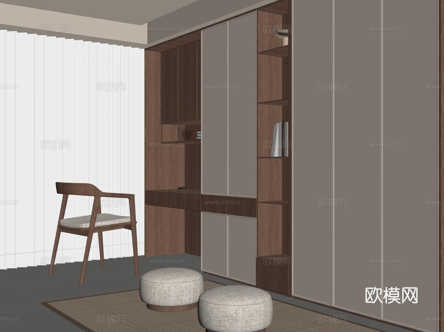 现代中古风衣帽间 梳妆台 换鞋凳su模型