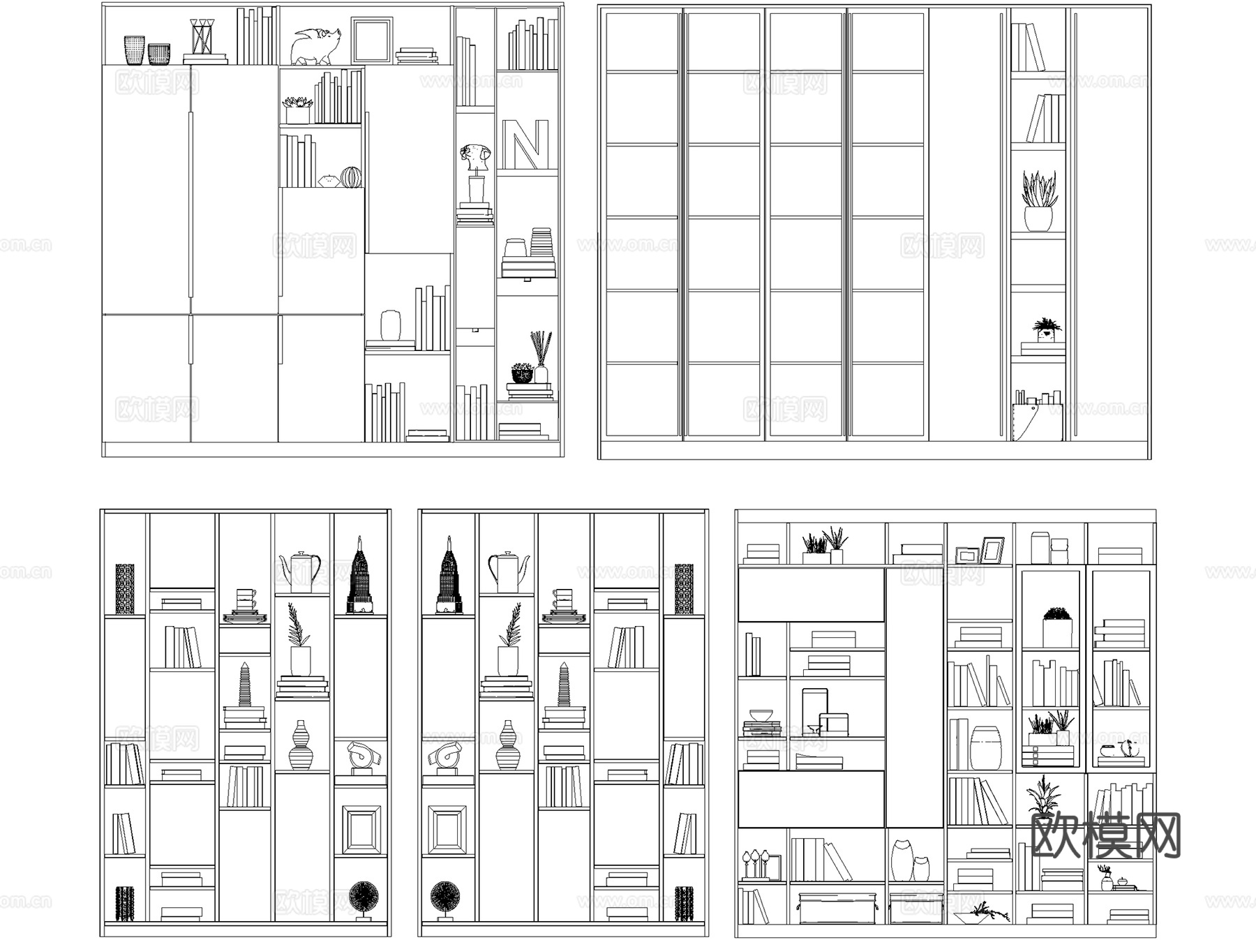 书柜书架置物架立面图库图块CAD施工图集 8套cad施工图