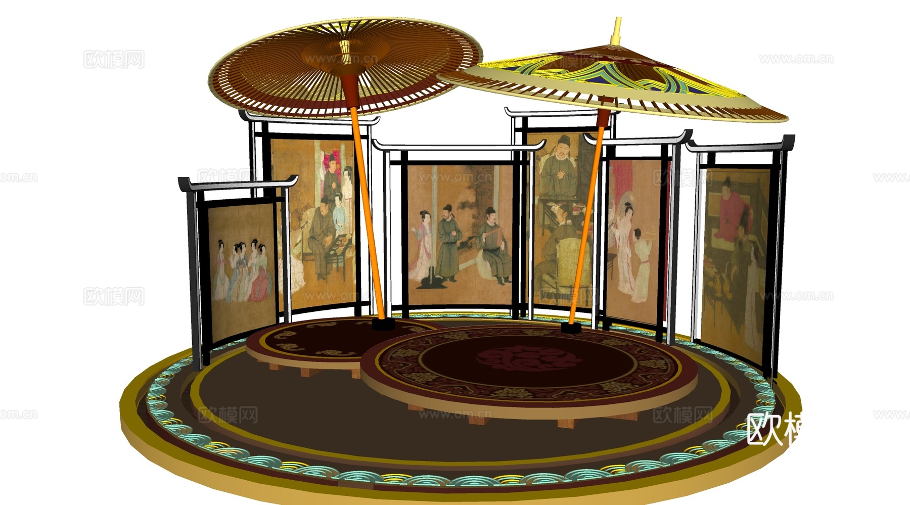 新中式美陈舞台 油纸伞 戏曲舞台su模型