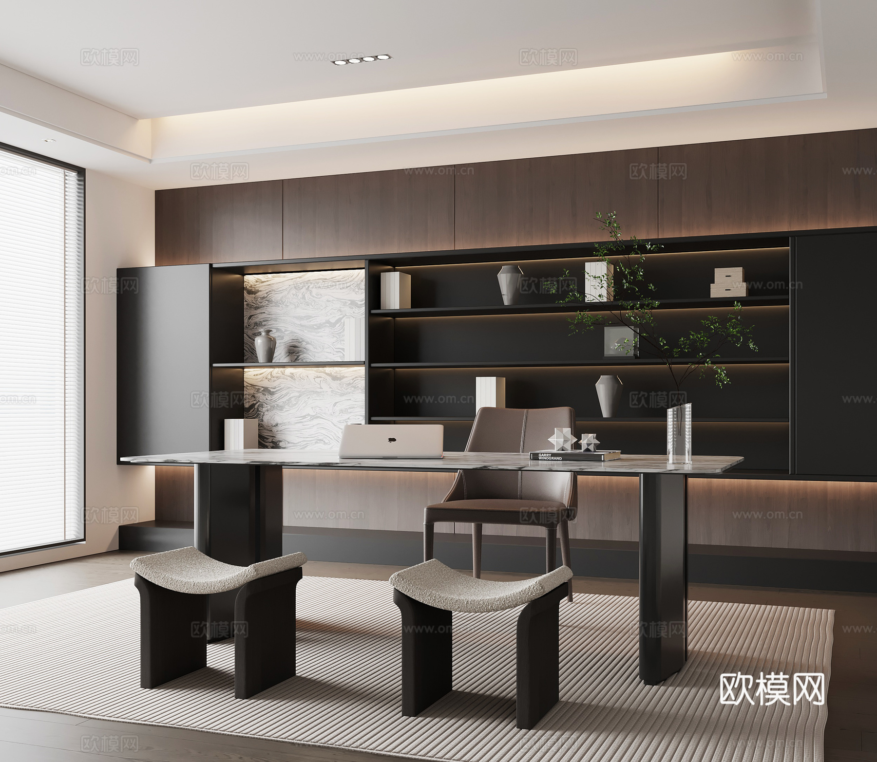 现代意式书房 书桌椅 书柜 置物柜su模型