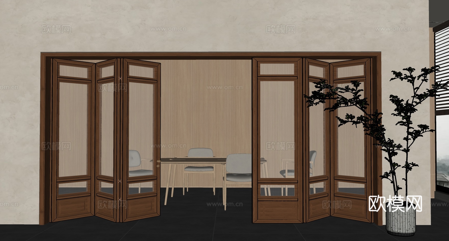 新中式折叠门 玻璃折叠门su模型
