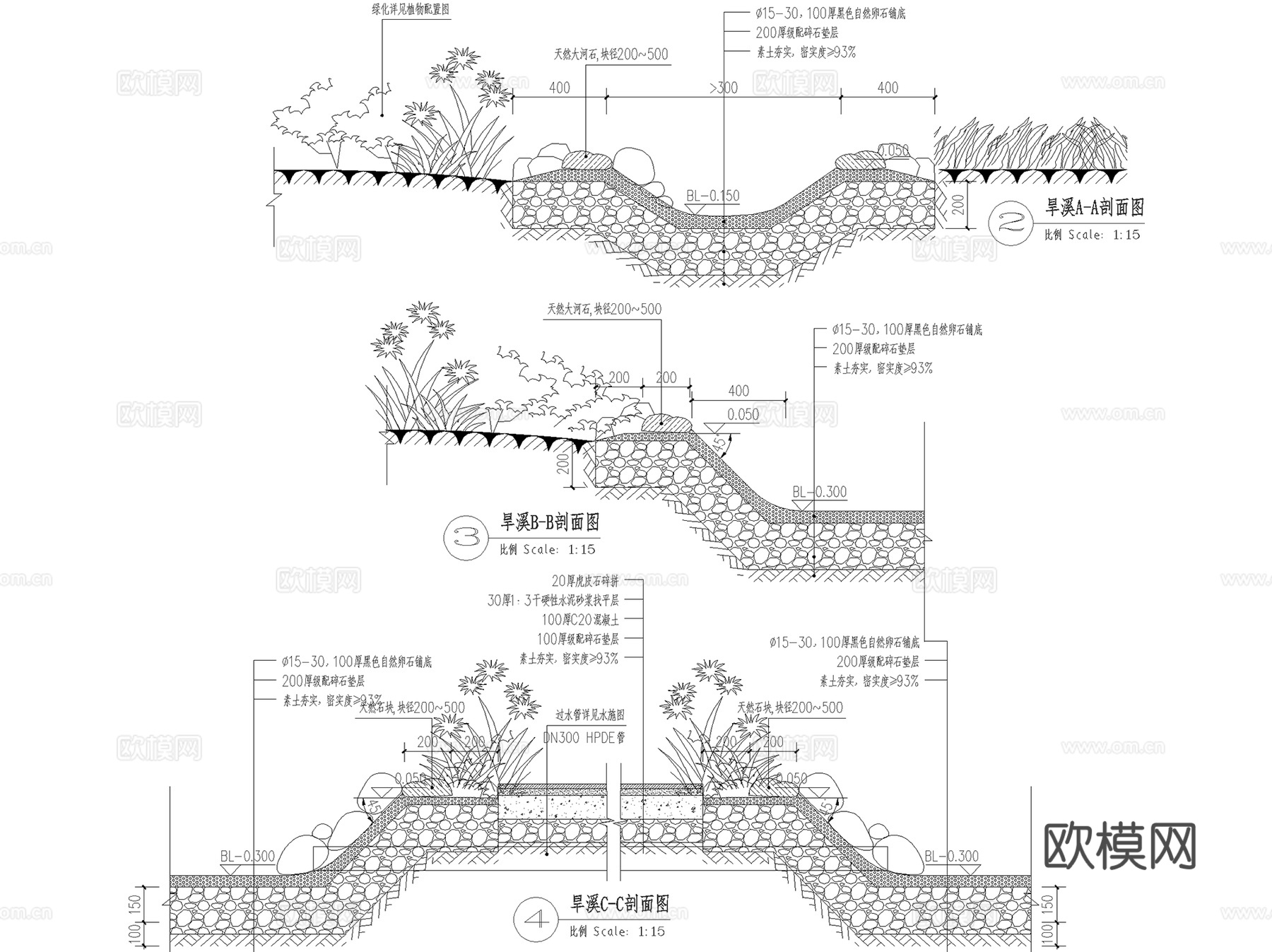 旱溪驳岸生态浅沟植草沟雨水花园海绵城市设施节点CAD施工图集cad施工图