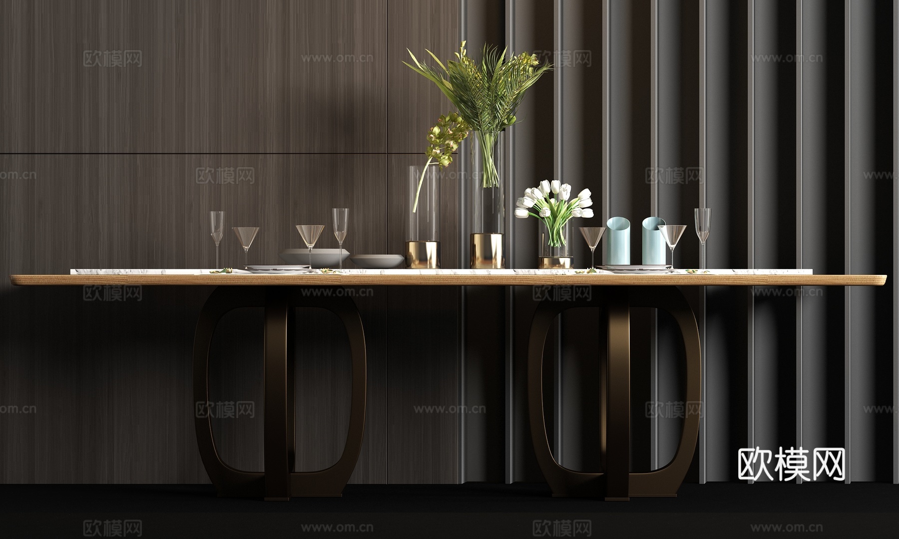 现代金属大理石餐桌 餐具 饰品组合3d模型