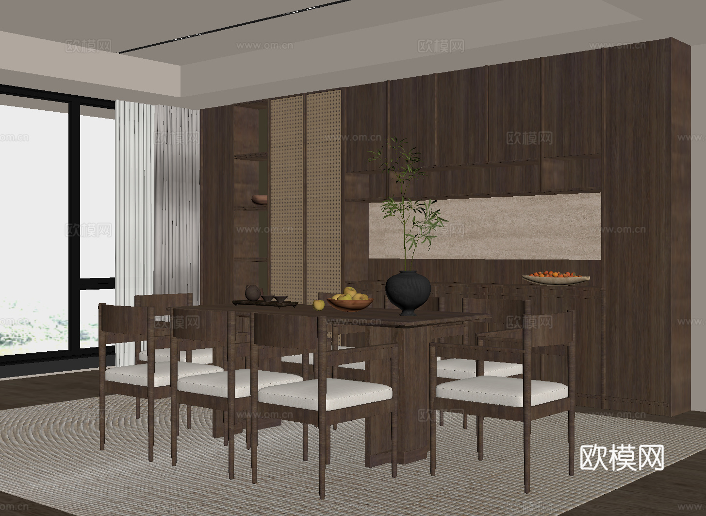 新中式餐厅 餐桌椅 餐柜su模型