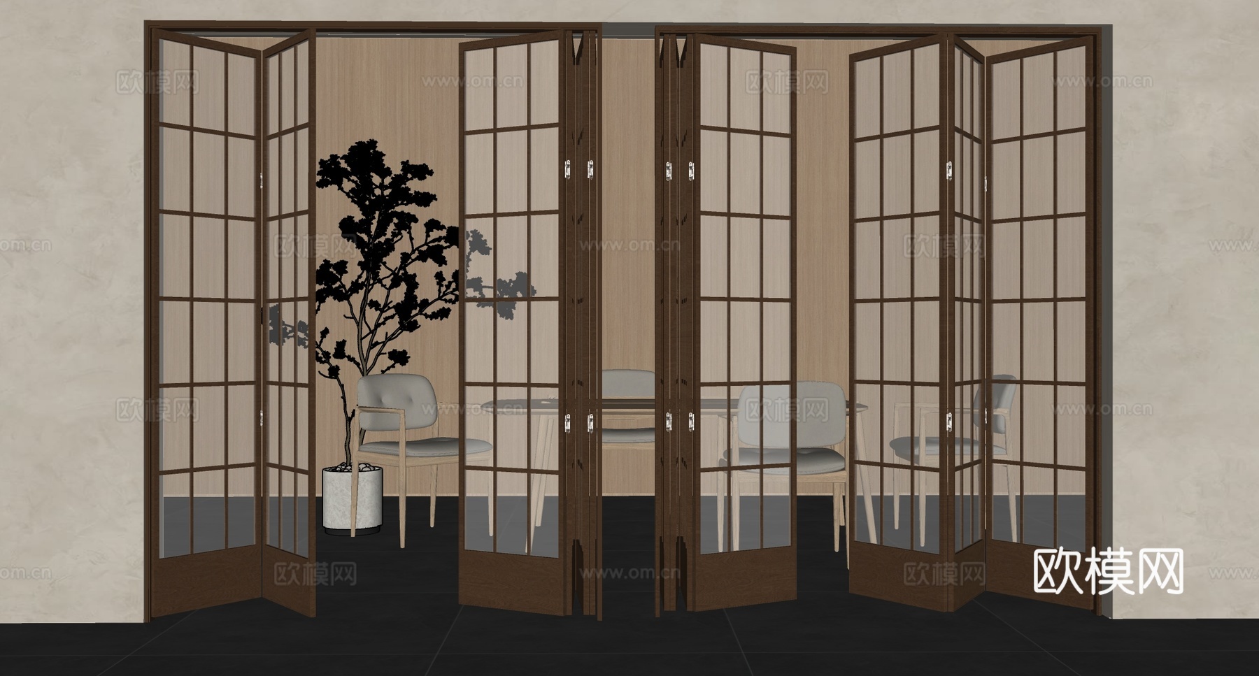 新中式折叠门 简约折叠门 中式折叠门su模型