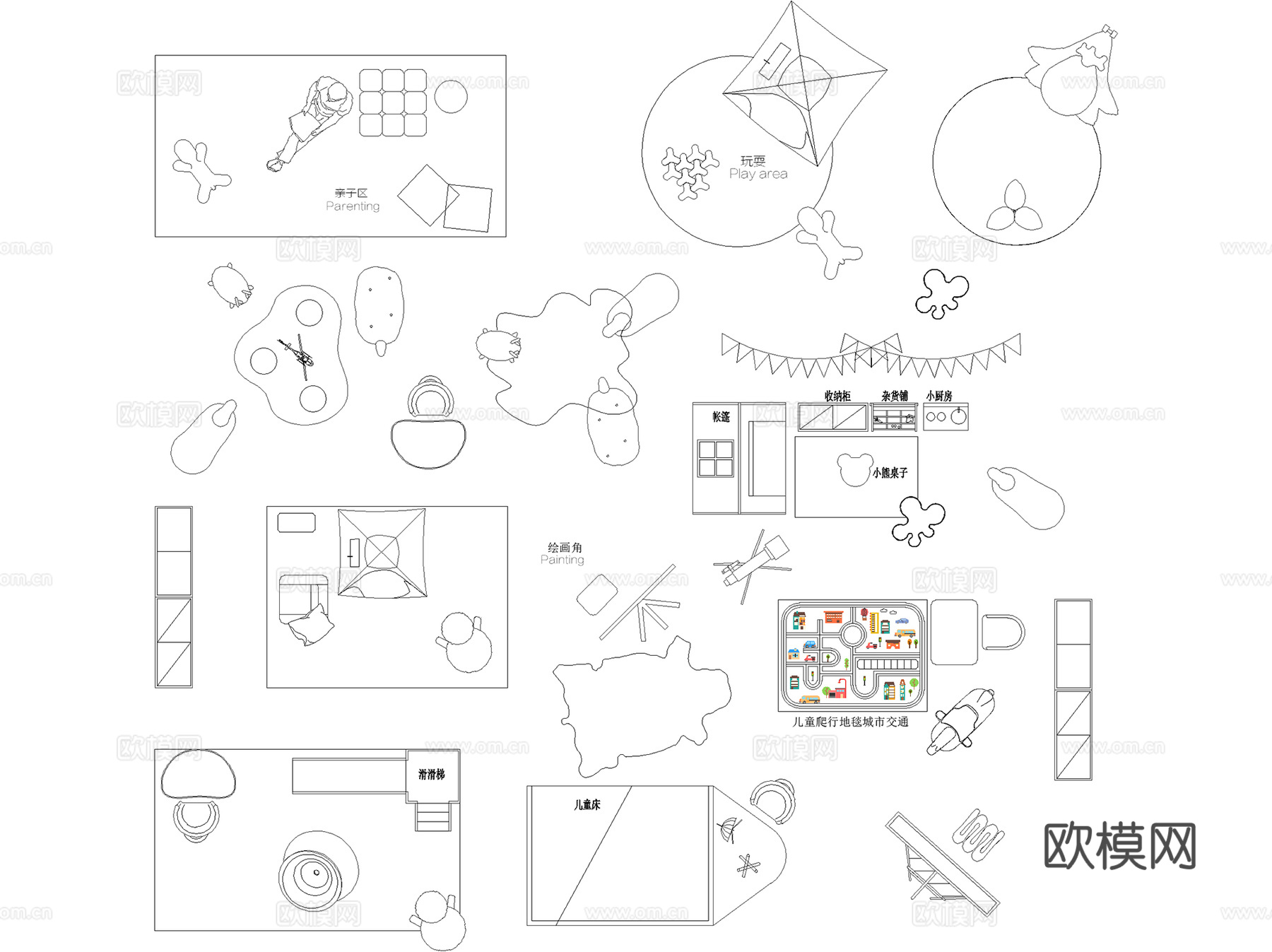 儿童玩具房布置娱乐活动区帐篷积木设施CAD图块图库 16套cad施工图