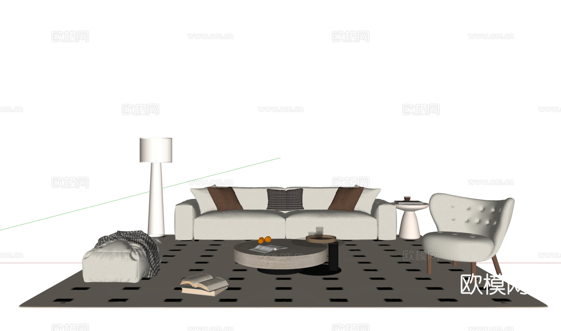 奶油风沙发茶几组合 多人沙发 布艺沙发 休闲椅 地毯su模型