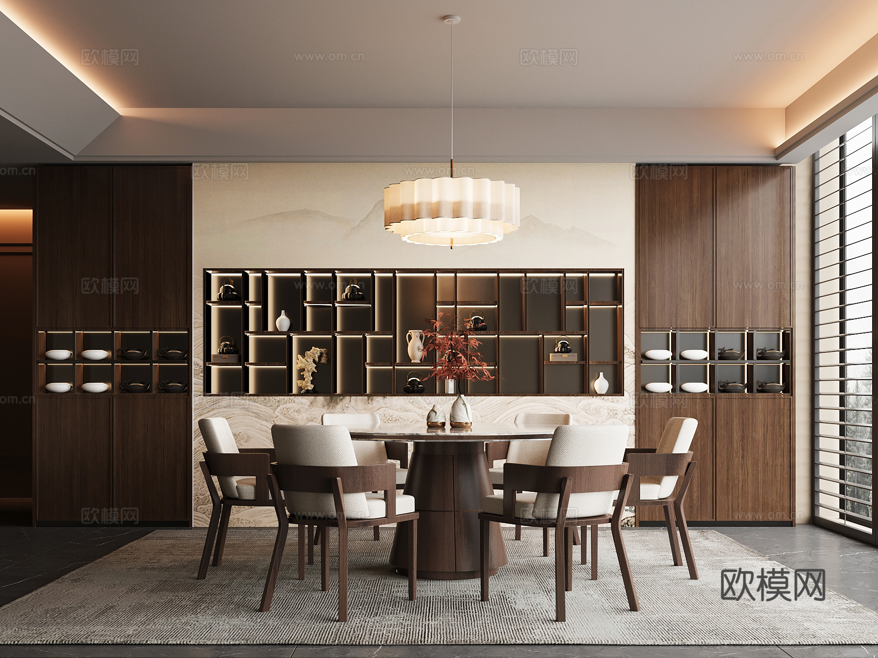 新中式餐厅 餐桌椅su模型