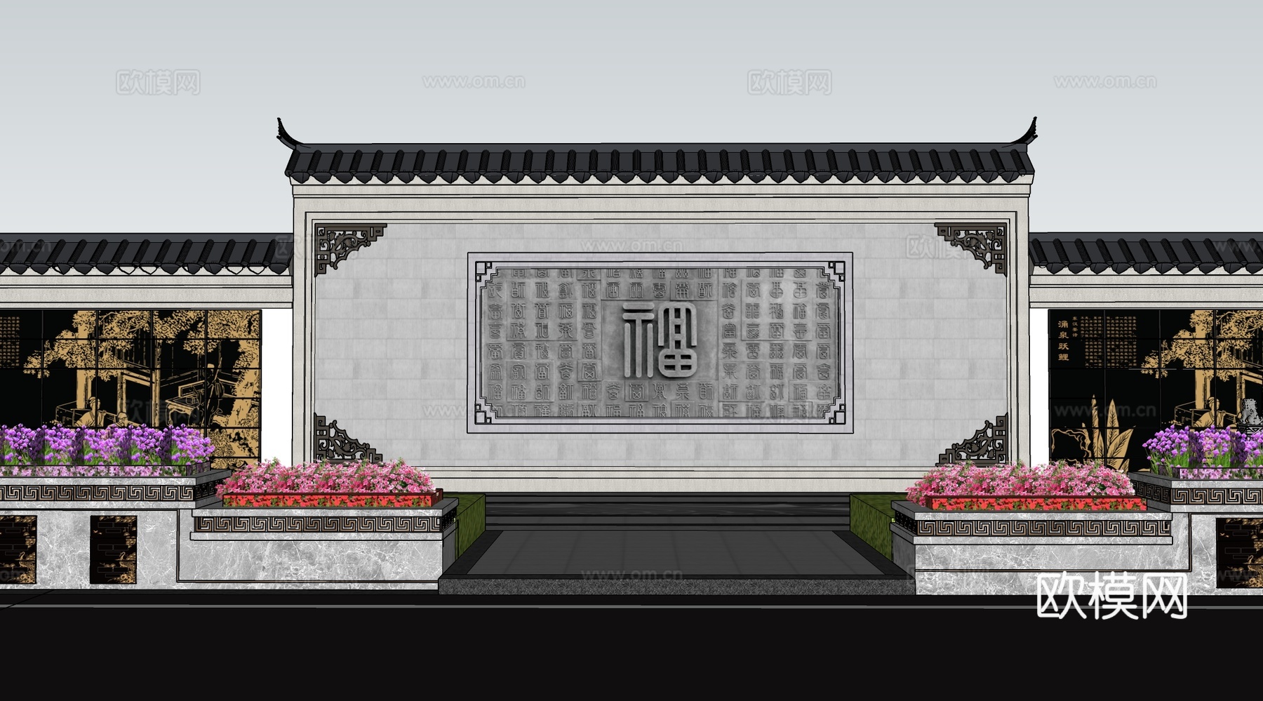 新中式景墙su模型