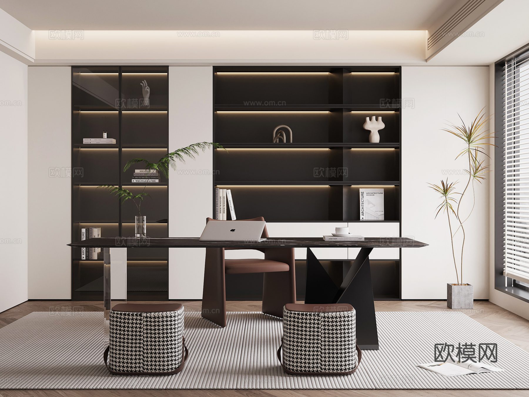 现代书房 书桌椅 书柜su模型