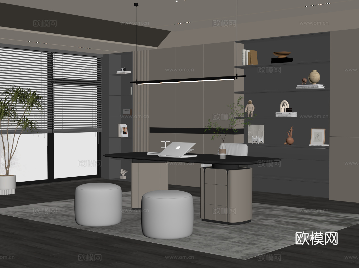 现代书房 书桌椅 书柜su模型