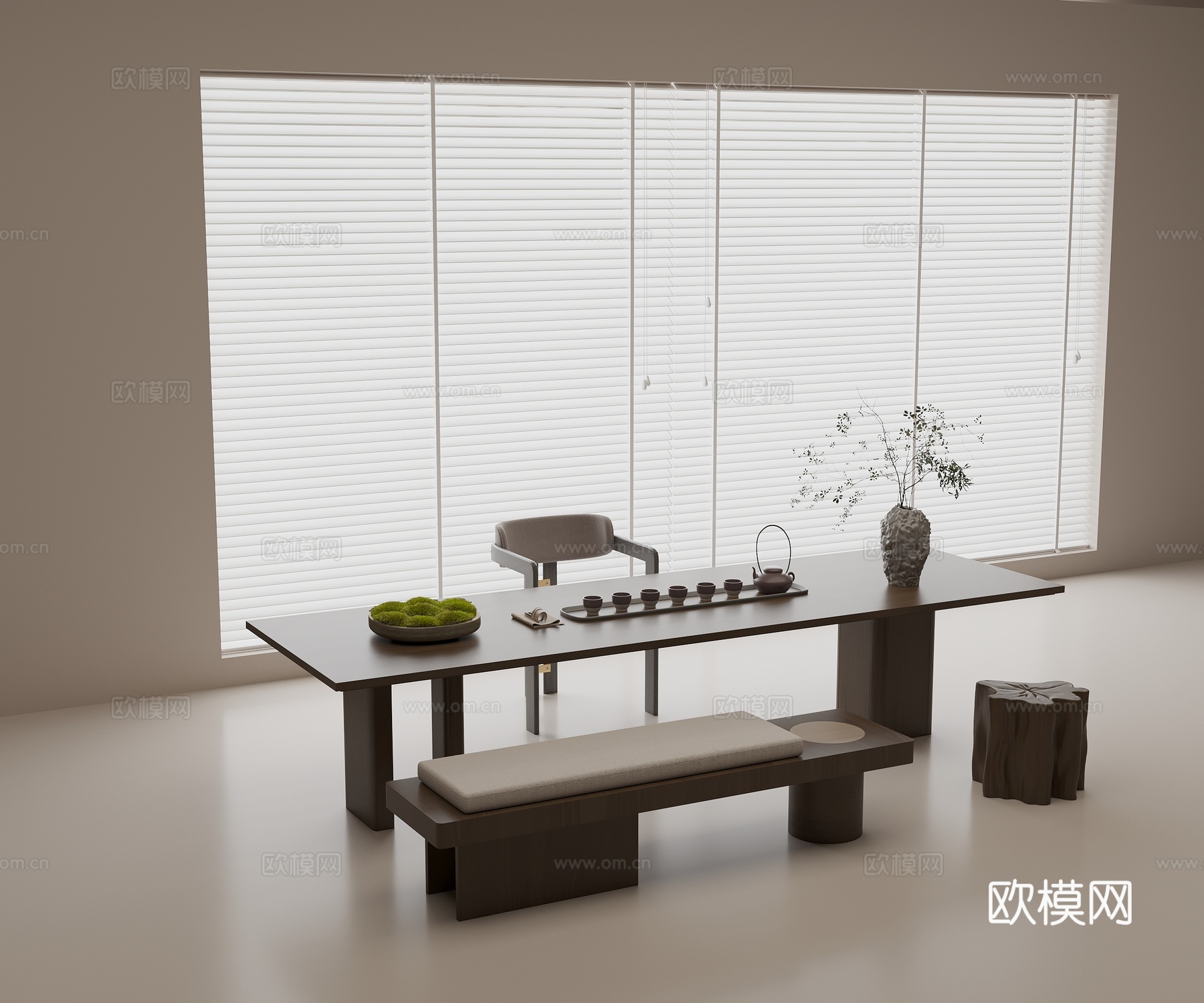 现代茶桌椅组合 实木茶桌 实木单椅 实木长椅 茶具组合su模型