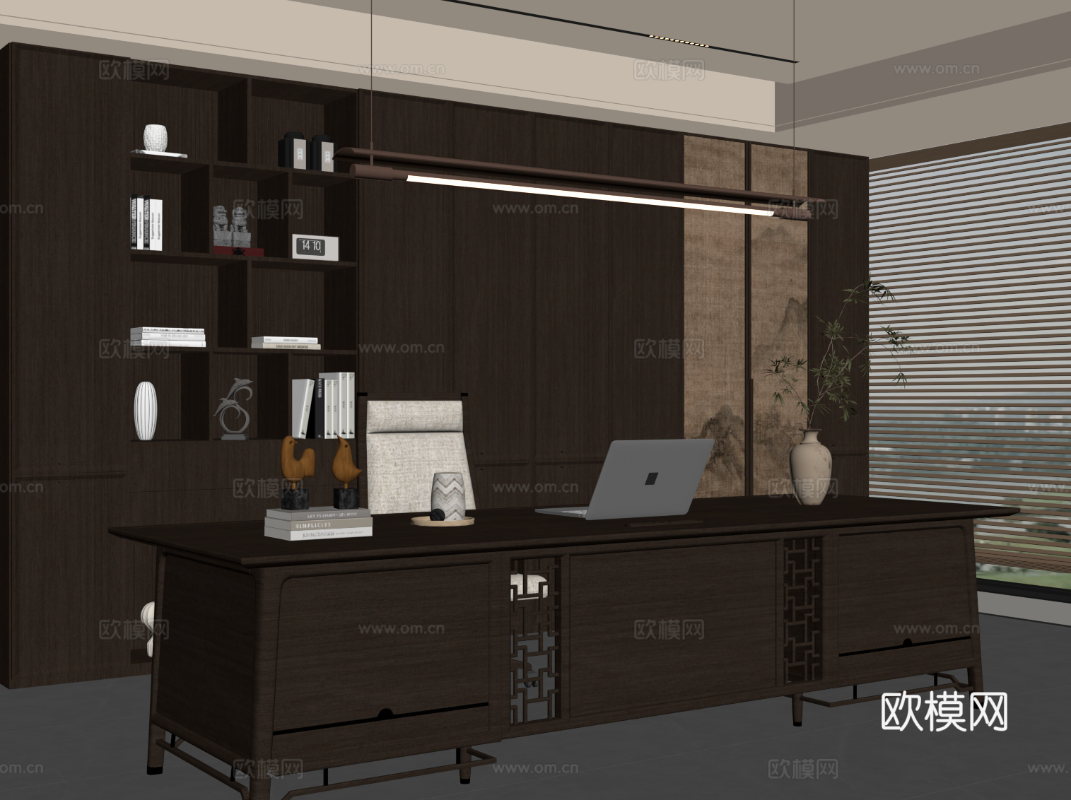 新中式经理办公室 书柜 办公桌椅su模型
