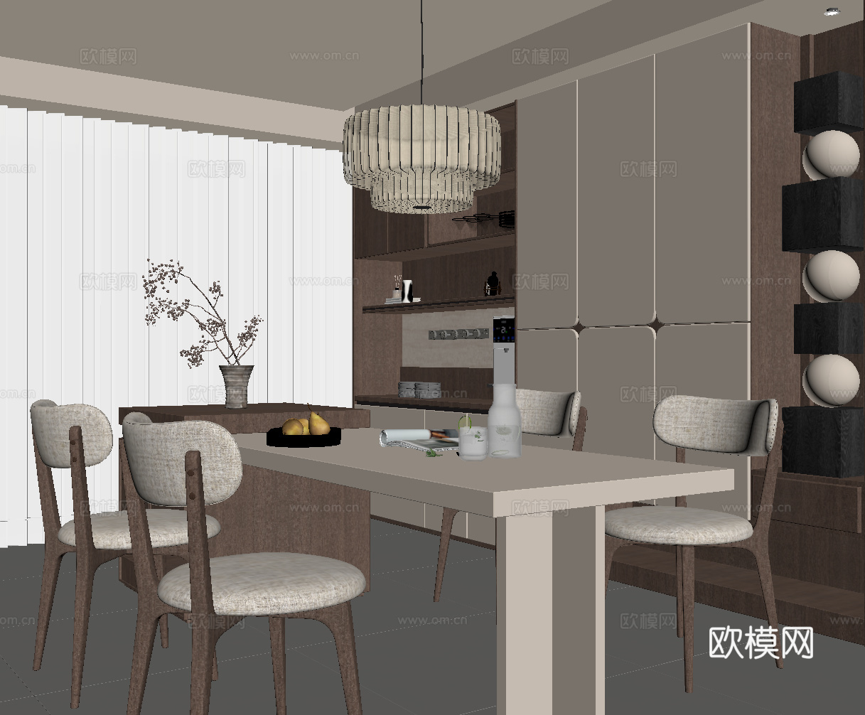 现代中古风餐厅 餐桌椅 餐边柜 岛台su模型