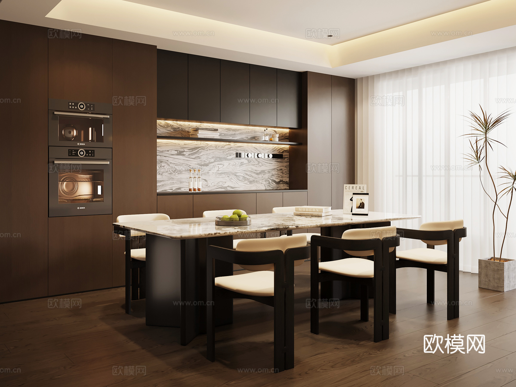 现代意式餐厅 餐桌椅 餐边柜su模型