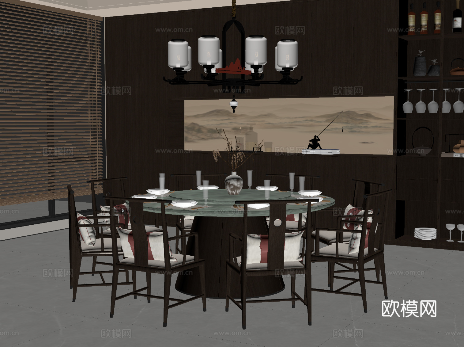 新中式餐厅 圆桌椅 餐柜su模型