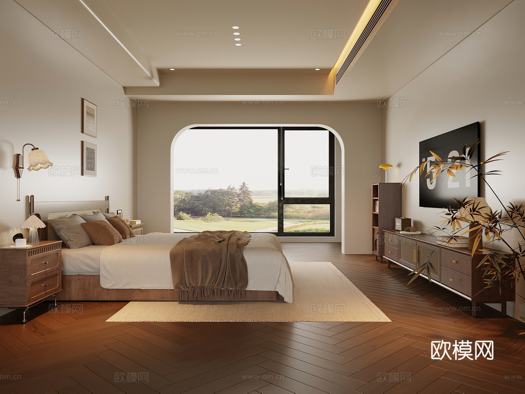 中古风卧室 床 床头柜 电视柜su模型