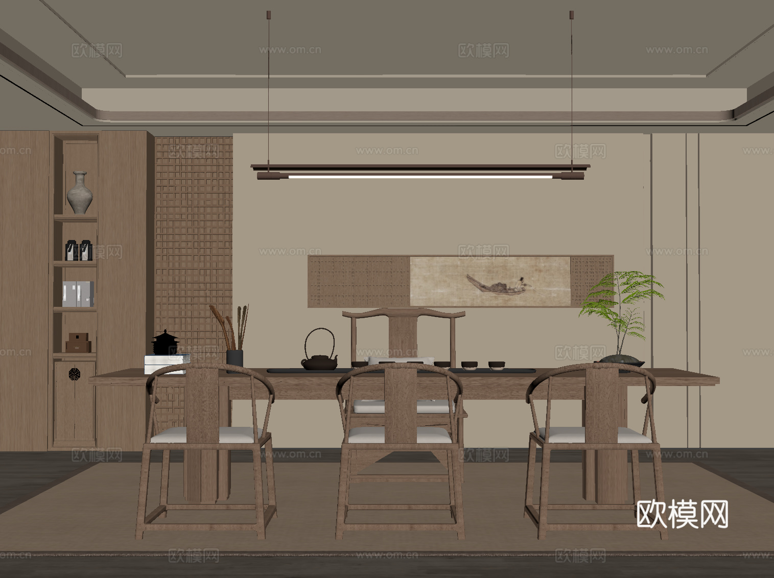 新中式茶室 茶桌椅 玄关柜su模型