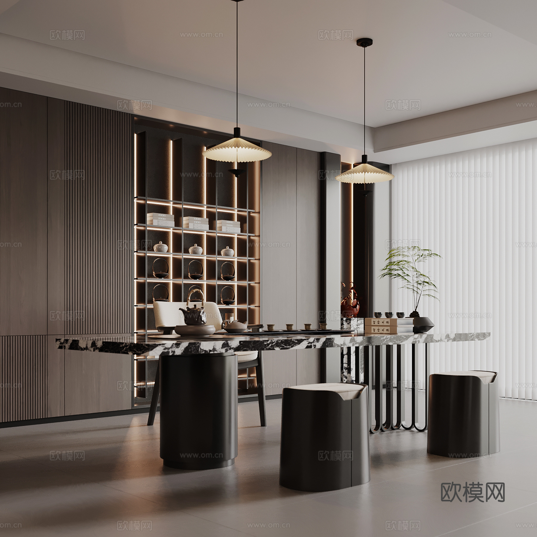 现代意式茶室 茶桌椅 茶柜su模型