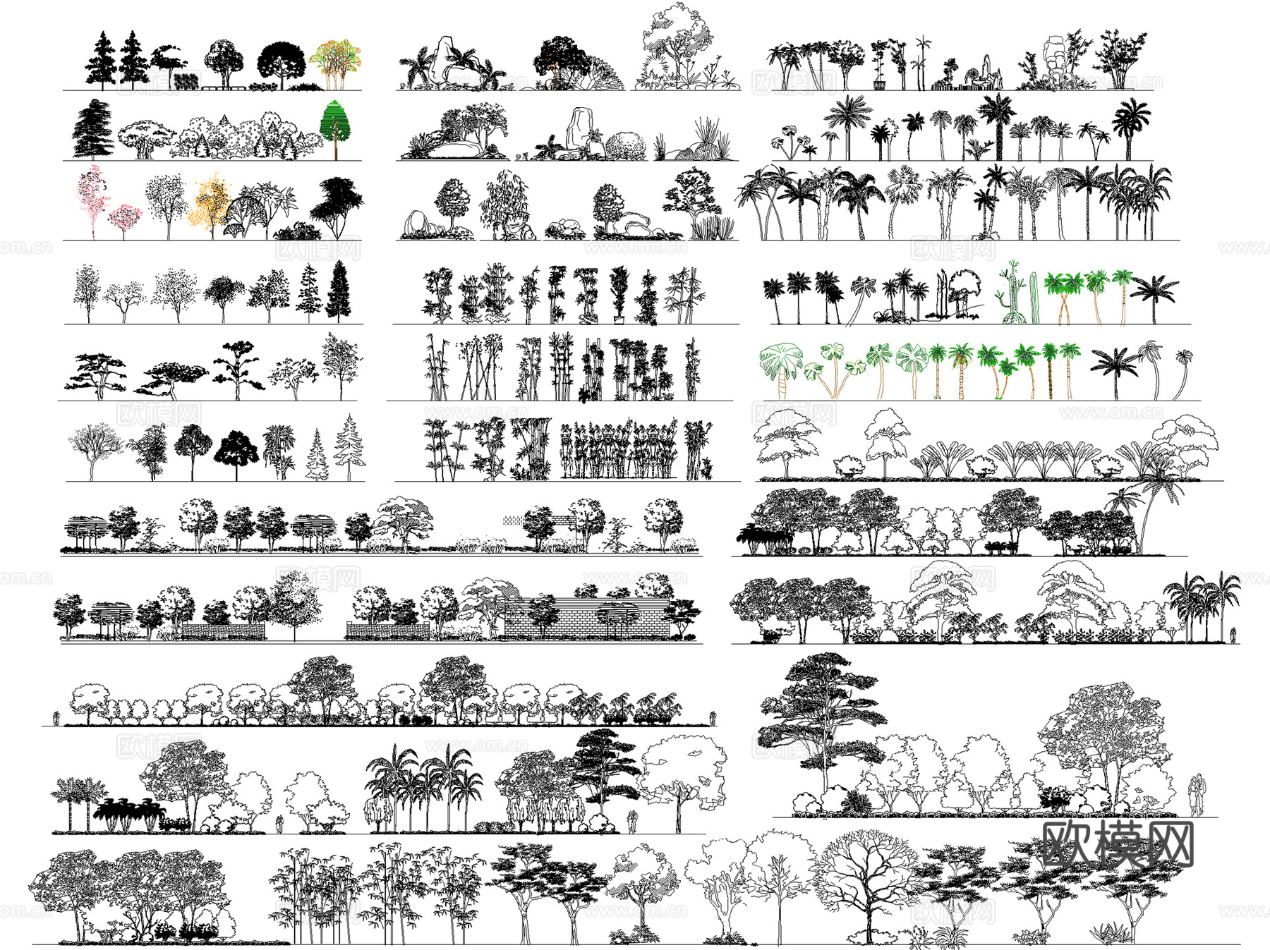 园林景观植物绿化立面组合配置树木苗木平面图例图块图库集 7套cad施工图cad施工图