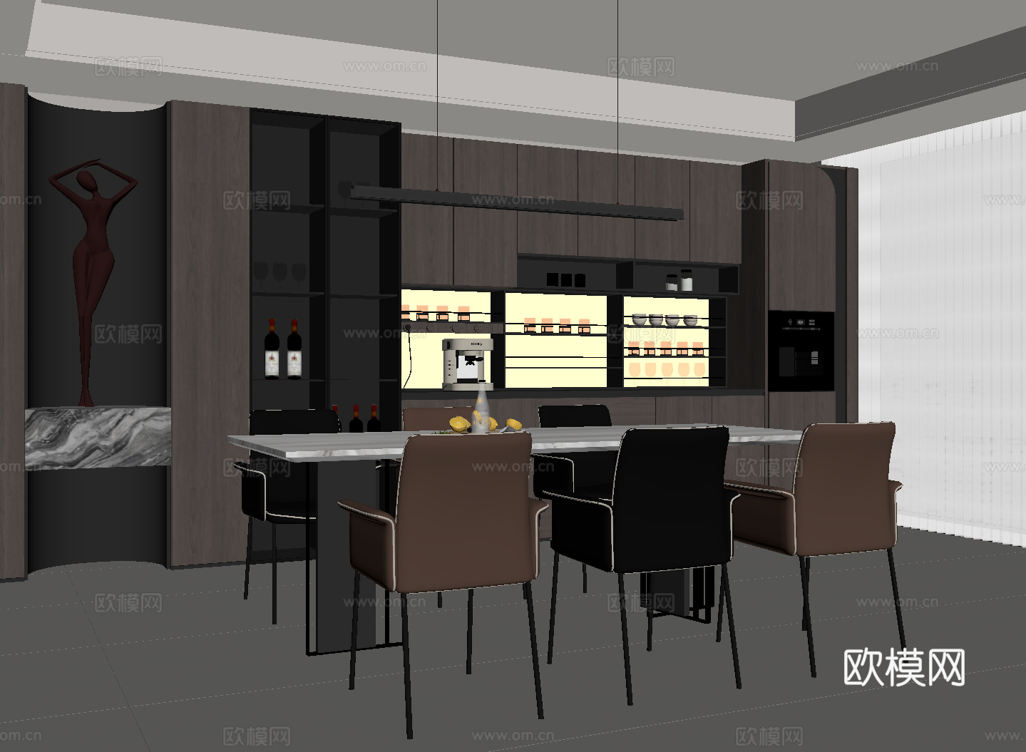现代意式餐厅 餐桌椅 餐边柜 酒柜su模型