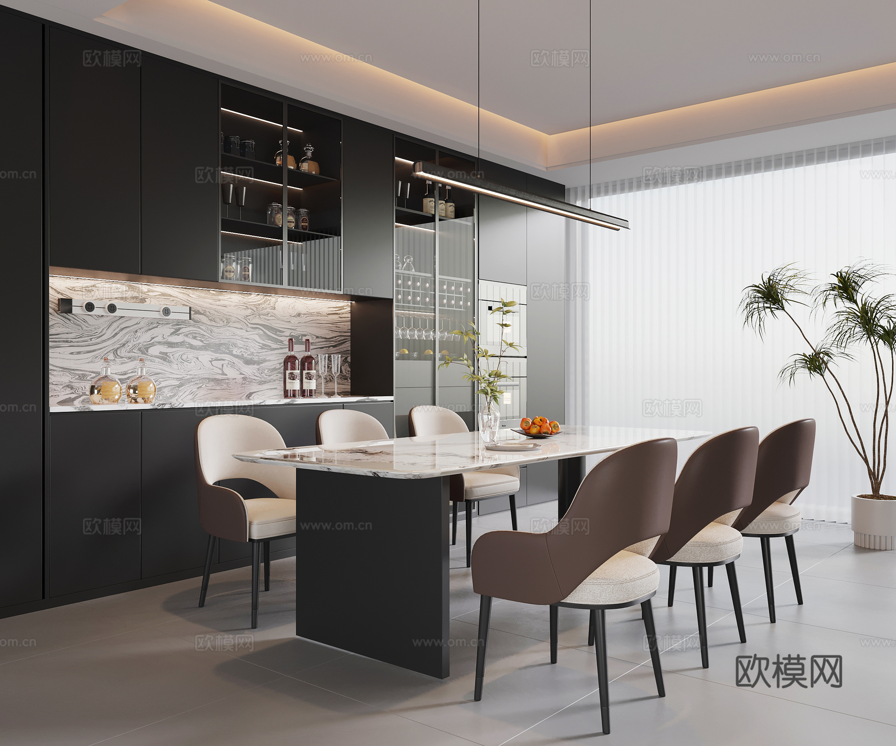 现代意式餐厅 餐桌椅 餐边柜 酒柜su模型