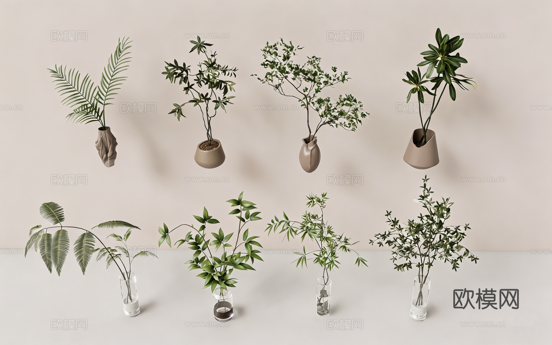 侘寂风水培墙挂植物 陶瓷盆玻璃瓶 网红绿植 茶室软装 盆栽组su模型