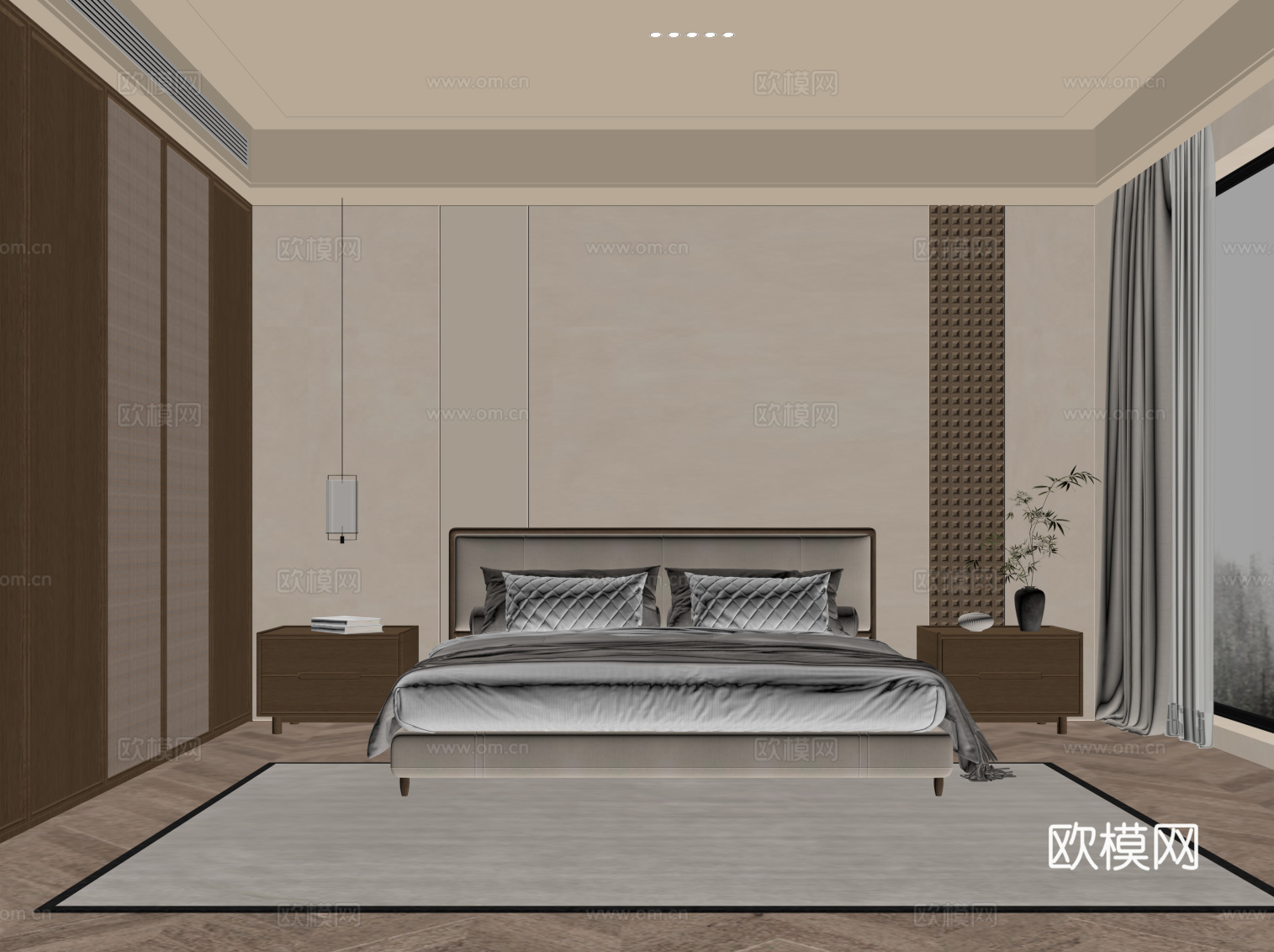 新中式卧室 衣柜 床 床头柜su模型